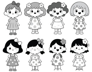 Eight Adorable Cartoon Girls in Polka Dot Dresses Monochrome Illustration Set
