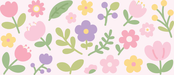 Cute Pastel Flower and Leaf Illustrations Collection for Spring Design