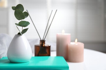 Spa composition with eucalyptus branch in vase and book on white table indoors, closeup