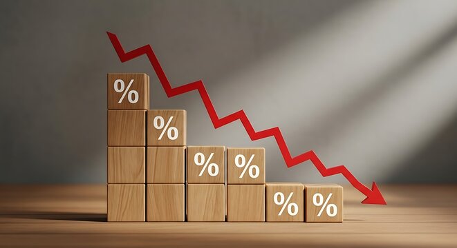Wooden blocks with percentage sign and red arrow pointing down concept