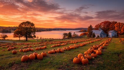 Autumnal pumpkin patch at sunrise