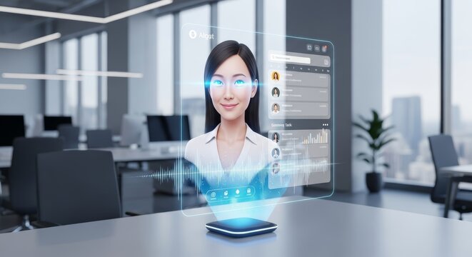 A young Asian woman with long black hair appears as a hologram above a smartphone in a modern office setting. The background features desks and large windows. - Powered by Adobe