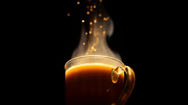 Magical coffee cup glowing with glittering particles floating upwards on a dark background, tech drink concept. 4k video