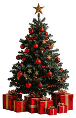 PNG Christmas tree decorated with red garland and golden and red ball christmas gifts star.