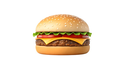 A single juicy cheeseburger with beef, melted cheese, and fresh vegetables on a sesame bun is isolated on a white background