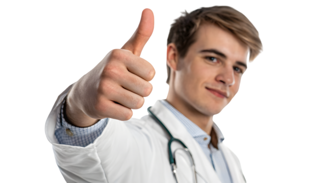A smiling young doctor gives a thumbs up