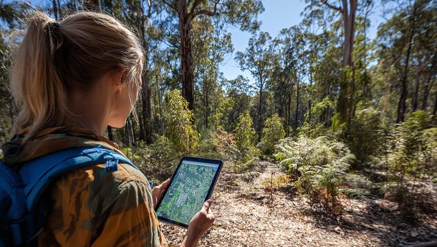 Female traveler using digital tablet with Australian map in outdoor wilderness surrounded by tall trees and natural evening sunlight