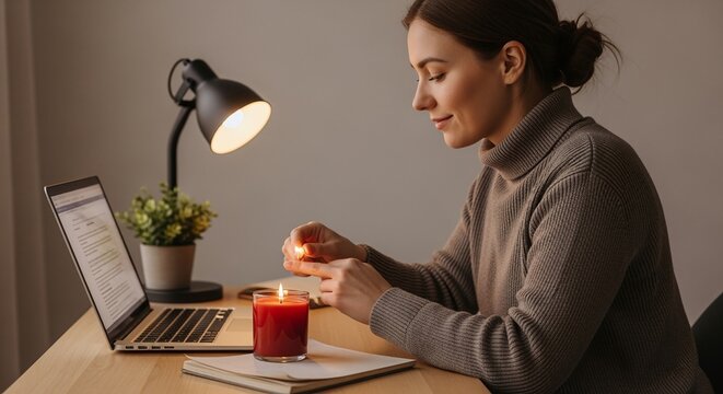 Serene woman lighting a candle at her desk creating a cozy atmosphere for focused work or relaxation with a laptop nearby