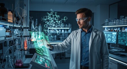 Confident scientist analyzing molecular structure on futuristic holographic display in high-tech laboratory, showcasing innovation and research breakthroughs.