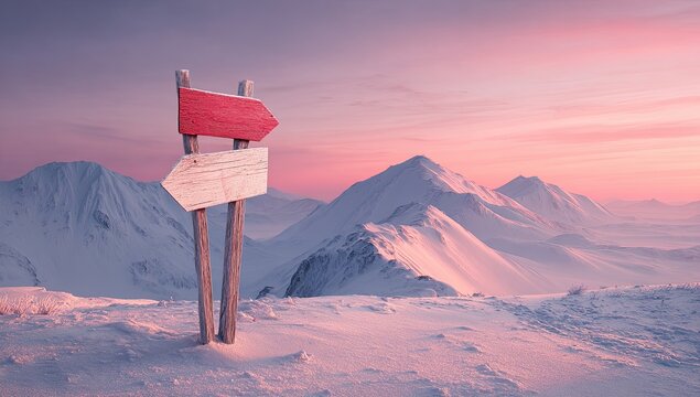 Winter mountain panorama with wooden signposts