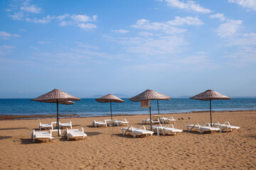 beach with umbrellas and chairs