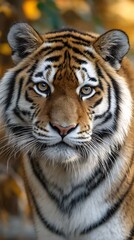 Fototapeta premium Majestic Bengal tiger staring directly into camera golden sunlight on orange fur perfect wildlife mobile wallpaper and decorative background