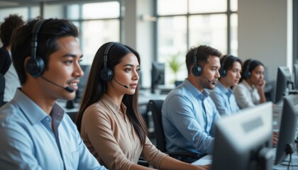 Fototapeta premium Diverse call center support team wearing headsets and assisting clients in modern office space.