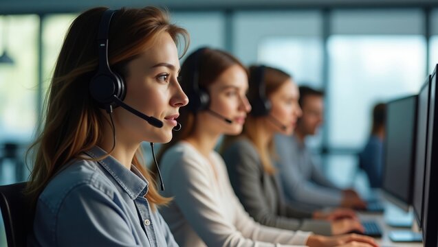 Diverse call center support team wearing headsets and assisting clients in modern office space. - Powered by Adobe