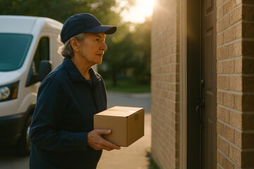 Woman delivery service delivering package to door shipping and logistics
