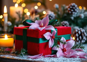 A red gift box with pink flowers and a green ribbon sits among festive holiday decorations, warm lights, and snowy accents.