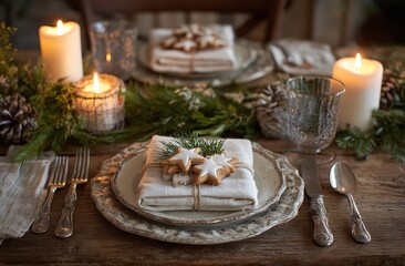 Festive Christmas table setting with star-shaped cookie, wrapped napkins, pinecones, holly berries, and candlelight on rustic wooden tabletop