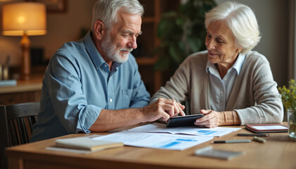 Retired couple plans future together reviewing financial documents at home. Man, woman focused on paperwork, tablet, enjoying warm indoor lighting in peaceful, cosy atmosphere. Partnership, mutual