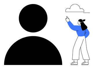 Large dark profile placeholder beside a woman pointing at a cloud. Ideal for identity, account, digital user interface, profile management, imagination, technology, guidance. Flat simple metaphor