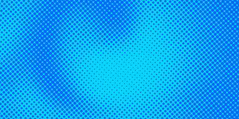 Halftone style retro pop art design with a dynamic dark blue and light blue gradient dot pattern.