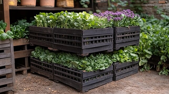 Stacked crates filled with lush green spinach and vibrant purple flowers enhance outdoor space