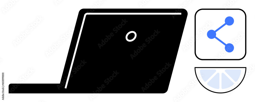 Poster minimalist laptop icon with blue connected nodes symbol and circular segmented graphic. ideal for te