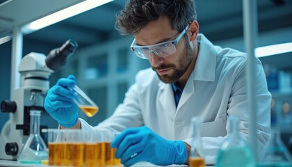 Scientist analyzes yellow liquid in laboratory flask. Researcher in safety glasses and blue gloves works with samples, beaker, microscope. Focuses on accurate measurement, testing, research, science.