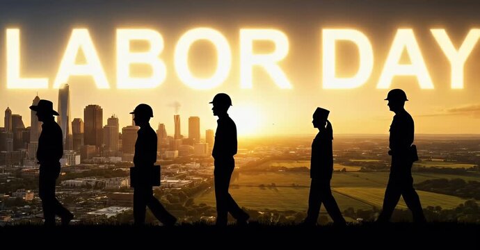 Labor Day celebration with workers silhouettes against a city skyline.