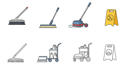 Fototapeta premium Illustrations depicting various cleaning tools and a caution sign, showcasing different cleaning equipment.