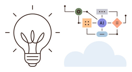 Light bulb symbolizing innovation next to AI-driven network diagram and cloud suggesting machine learning, ideas. Ideal for technology, futurism, innovation, problem-solving, design, creativity