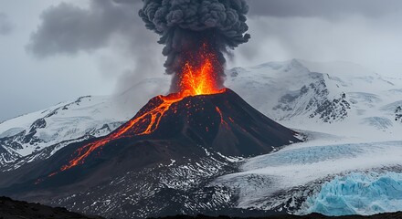 Active volcano erupting with lava flow and ash cloud amidst snow-covered mountains eruption