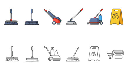 Colorful and grayscale illustrations showcasing various cleaning tools and equipment, including mops and warning signs.
