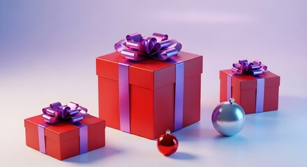 Fototapeta premium Three red gift boxes with purple ribbons and ornaments, ready for celebration.