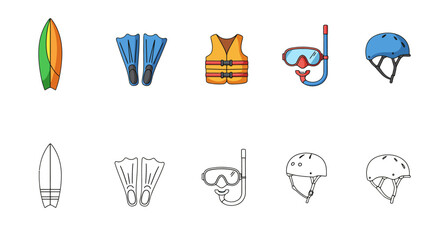 A set of water sports and safety gear icons, including a surfboard, flippers, life vest, snorkel, and helmet, in color and outline styles.