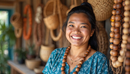 Smiling Samoan woman owner of small craft store selling handcrafted wooden necklaces and woven baskets. Features vibrant colors and Hawaiian artistry with authentic cultural crafts.