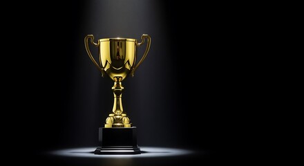 Fototapeta premium Golden Trophy Illuminated by Spotlight on Black Background award winner