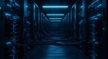 Futuristic Data Center Corridor with Glowing Blue Server Racks and Network Cables, High-Tech Digital Information Storage and Processing Infrastructure
