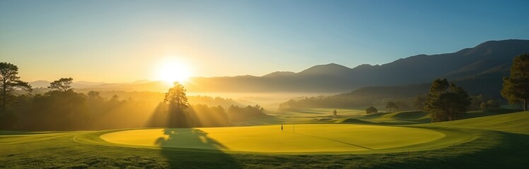 Obraz premium Golden sunrise illuminates scenic golf course with rolling green hills, misty mountains. Sunlight rays break through trees, casting long shadows on pristine fairway, putting green. Early morning
