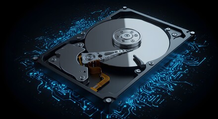 Futuristic Hard Drive with Luminous Blue Circuitry Illustrating Digital Data Storage and Advanced Technology Concepts on a Dark Background