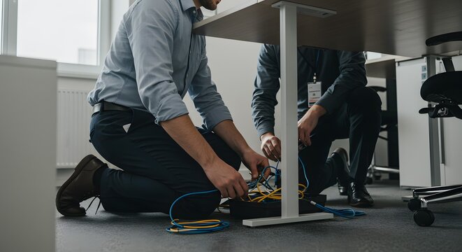 IT Support Professionals Connecting Network Cables Under Modern Office Desk for Business Network Setup
