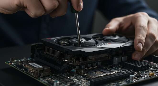 Expert Hands Assembling PC Components: Close-up of a technician using a screwdriver to install computer hardware on a motherboard, showcasing elect...