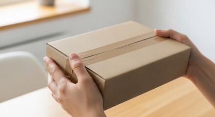 Shipping Package Delivery: A person's hands delicately hold a neatly sealed brown cardboard box, signifying the anticipation of delivery and the seamless flow of modern commerce.