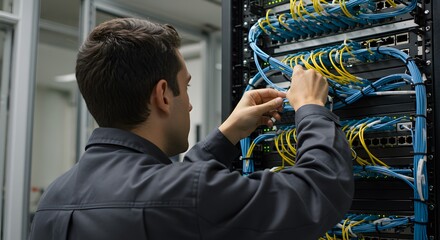 IT Technician's Hands Managing Network Cables in a Server Rack: Data Center Operations and Infrastructure Maintenance