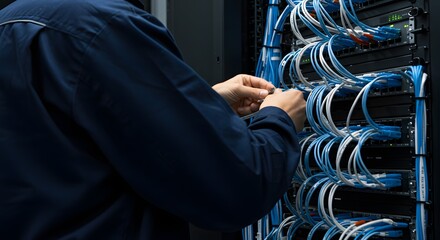 IT Professional's Hands Connecting and Organizing Blue Network Cables in a Server Rack, Illustrating Data Center Maintenance and System Management