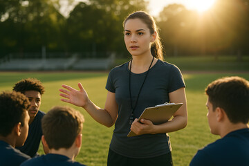 Female coach instructing team players on field sports training session
