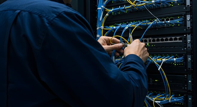 Skilled IT Professional's Hands Managing Network Cables in Server Rack. Data Center Connectivity and Maintenance.