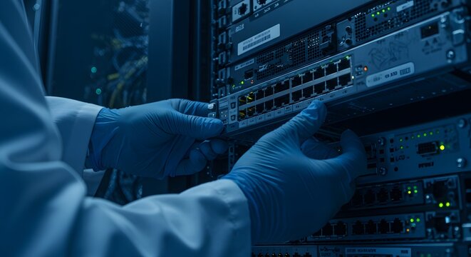 IT Professional's Gloved Hands Adjusting Network Server in a Data Center Rack, Highlighting Cybersecurity and System Maintenance