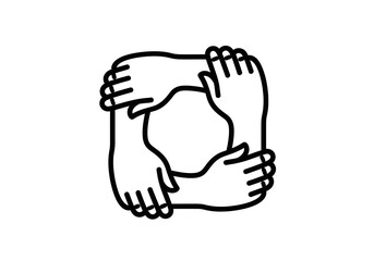 Obraz premium Four hands interlocked in a square shape, representing teamwork and unity.