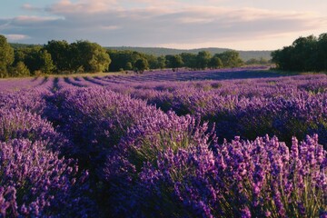 Naklejka premium Lavender field at sunset