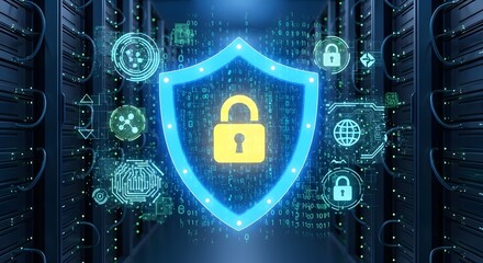 Digital Security Concept: Glowing Shield and Padlock over Server Racks, Illustrating Data Protection and Network Safety